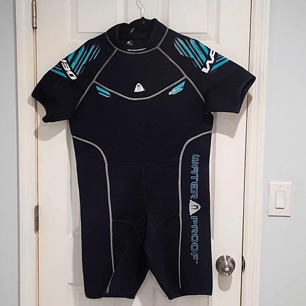 Waterproof Short Sleeve Wet Suit - Black with Aqua Blue - Size 3XL